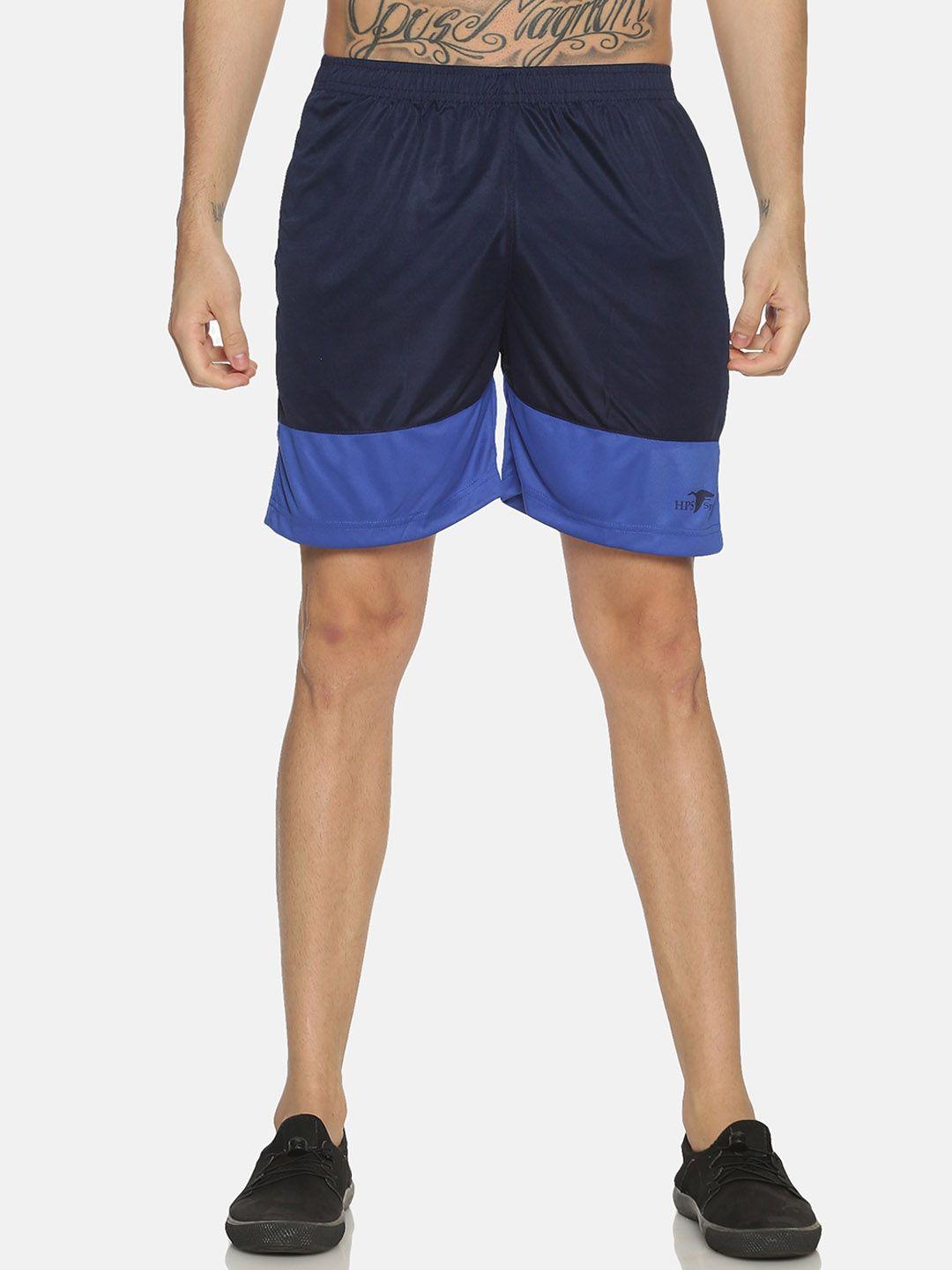 hps sports men black & blue colourblocked slim fit sports shorts
