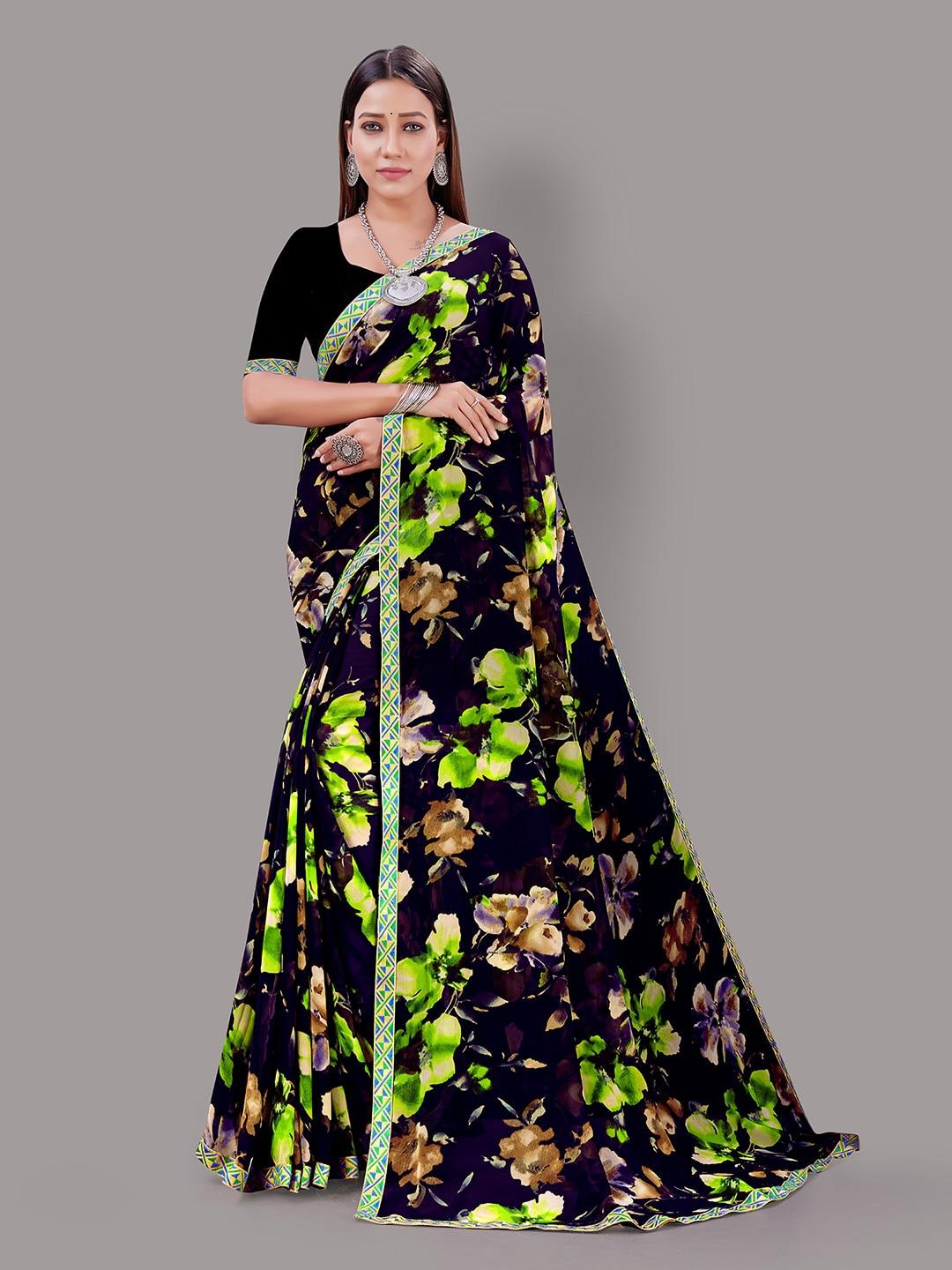 hritika black and green floral printed saree