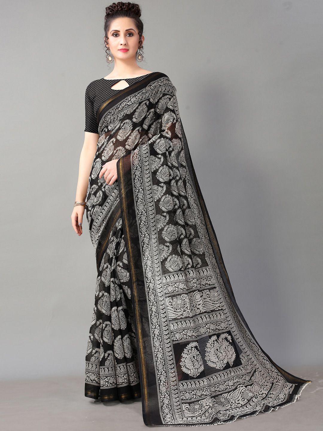 hritika black and white paisley block print saree