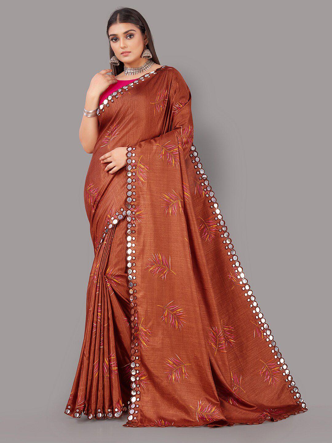 hritika brown & pink floral mirror work mysore silk saree
