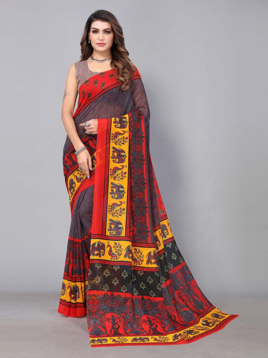 hritika grey & red ethnic motifs pure georgette saree