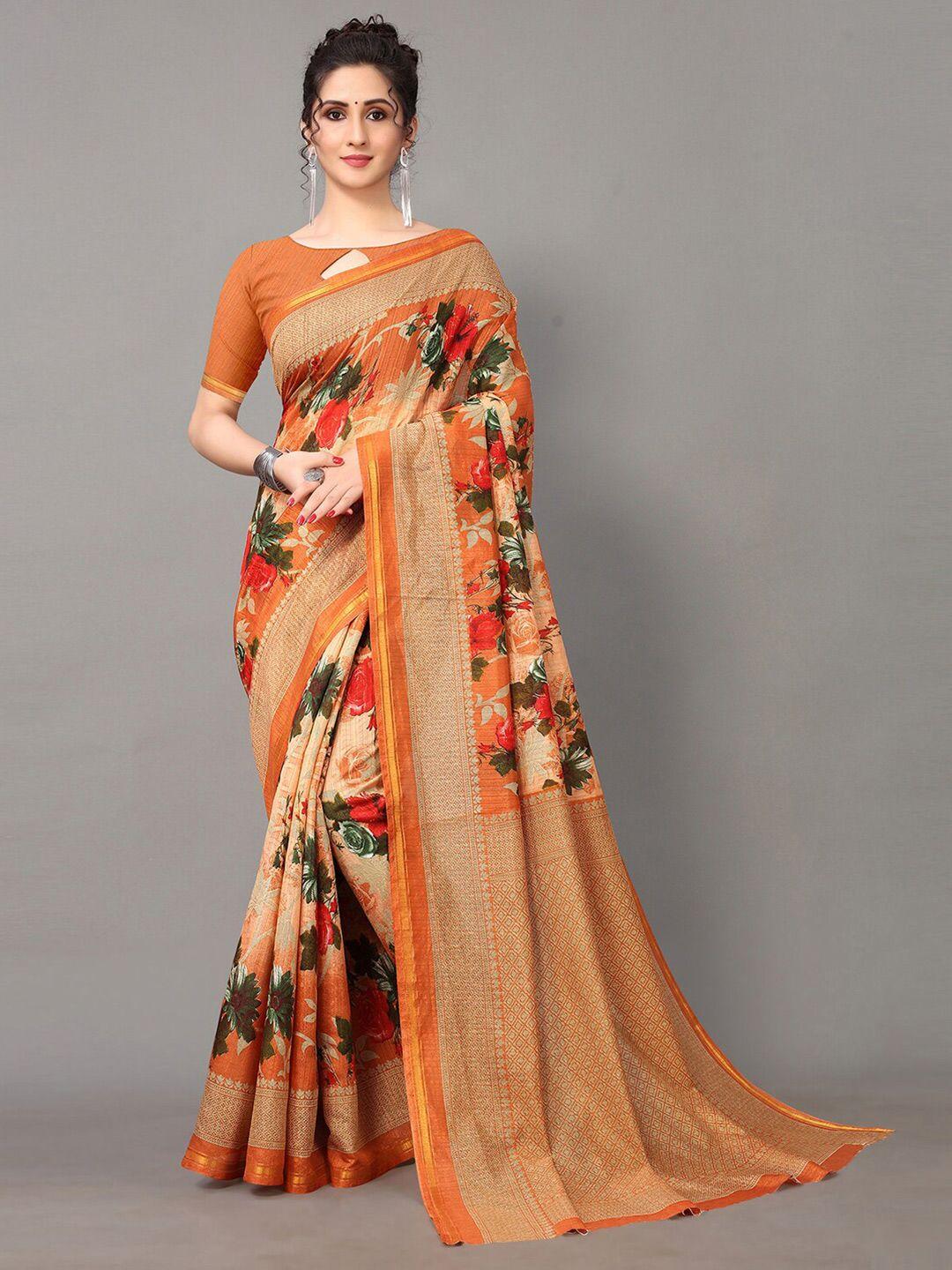 hritika orange & beige floral silk blend saree