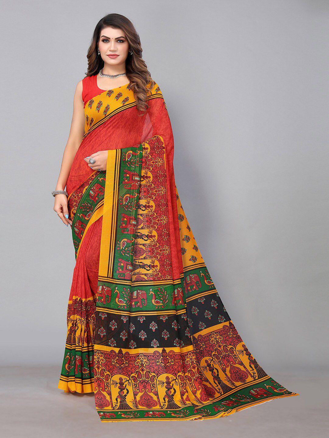 hritika red & yellow ethnic motifs pure georgette saree