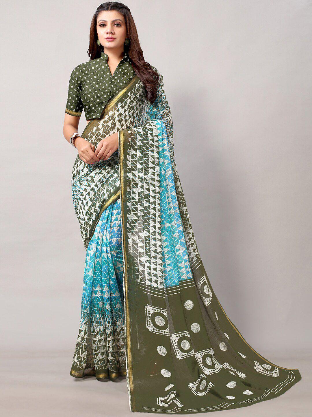 hritika turquoise blue & green batik zari block print saree