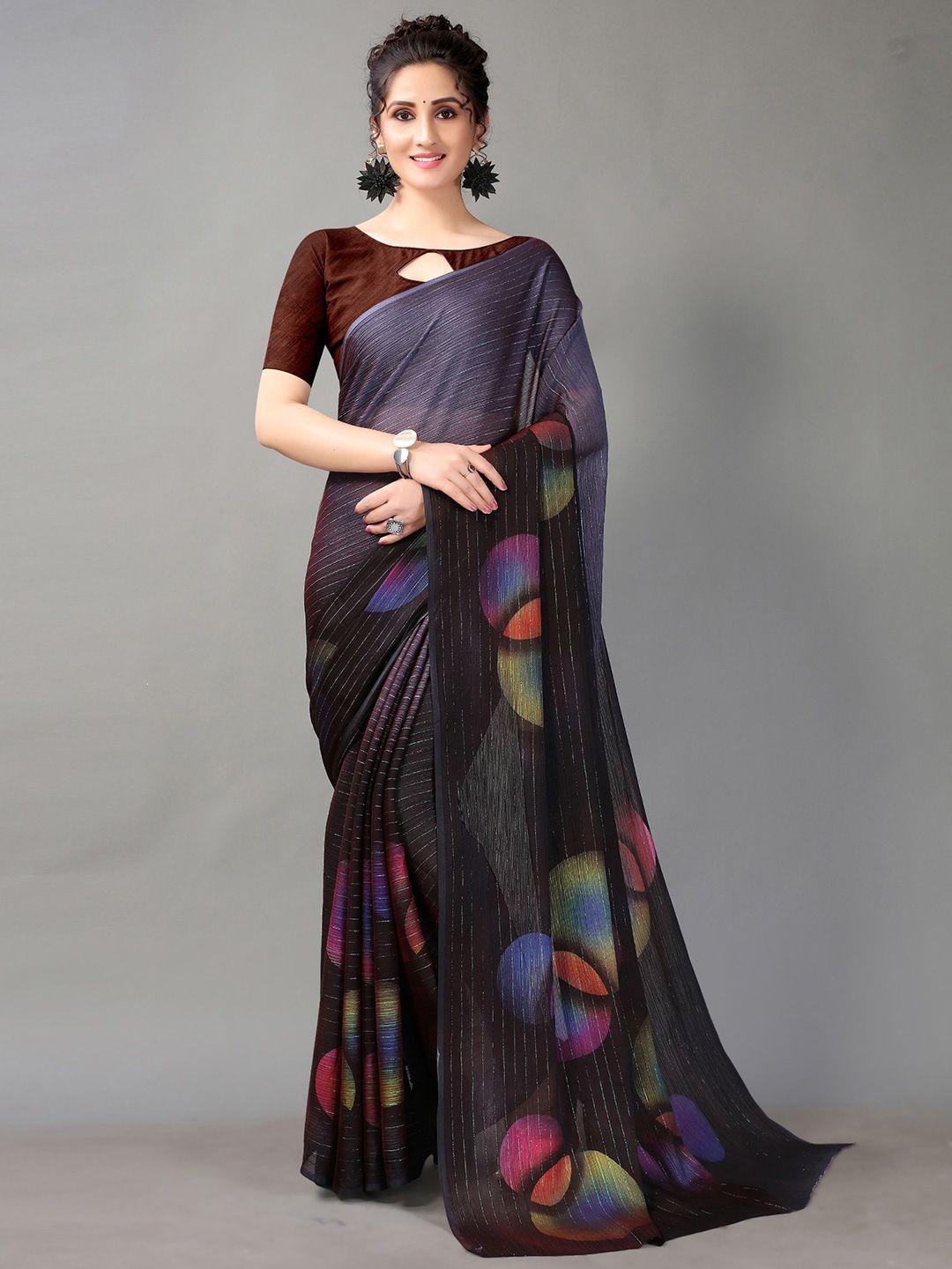 hritika black & pink chiffon abstract digital print saree