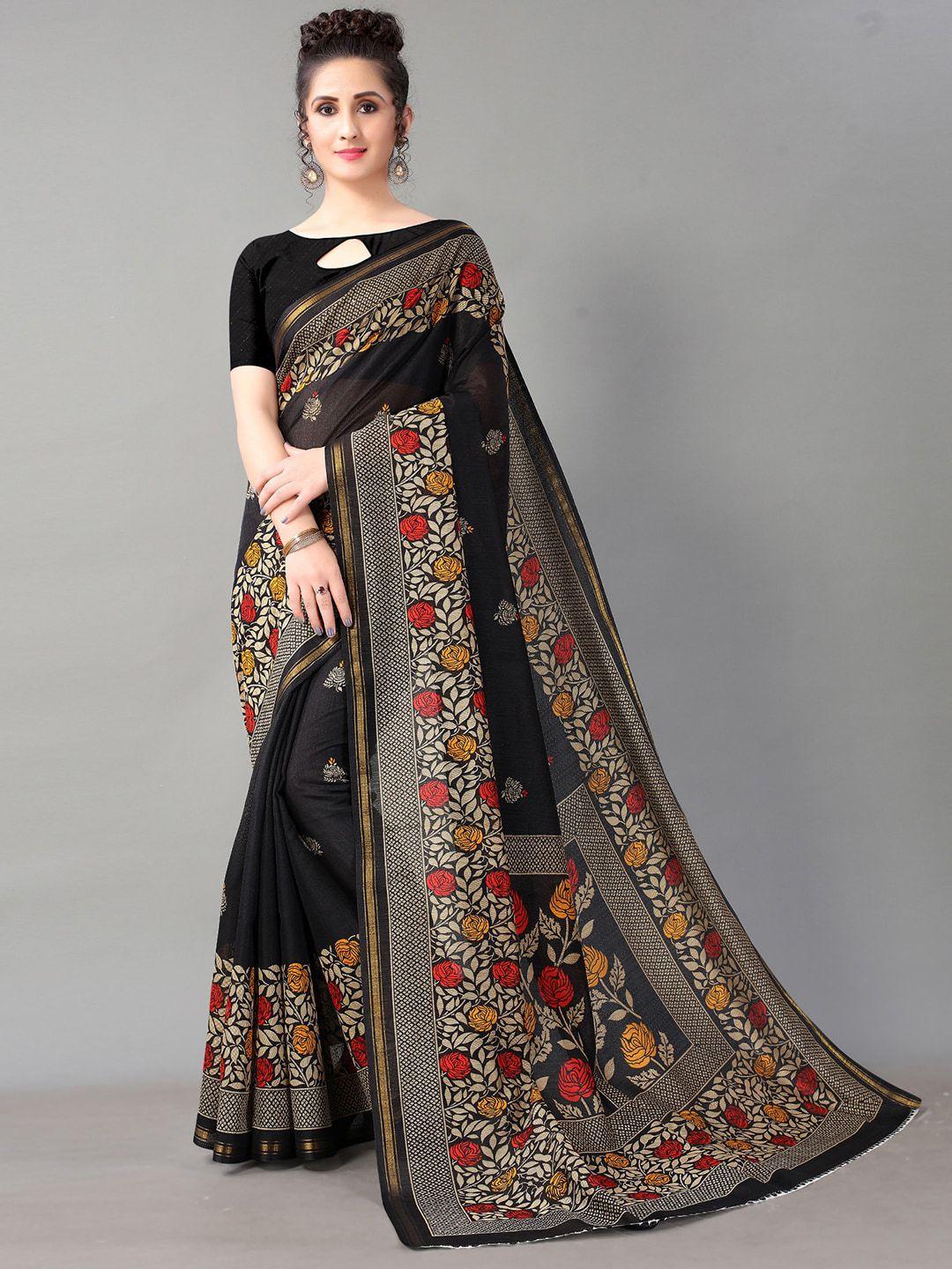 hritika black and red ethnic motifs block print art silk saree