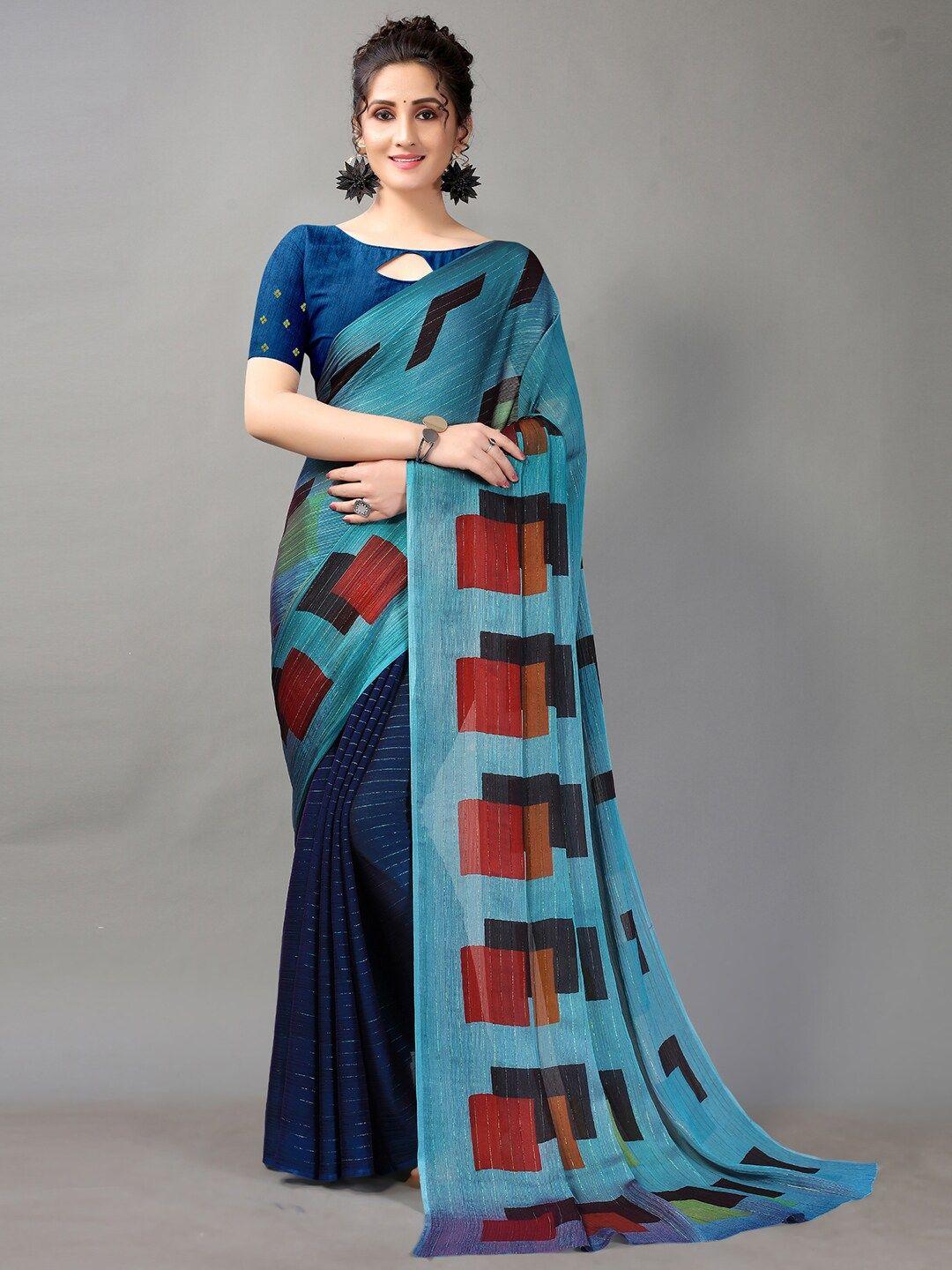 hritika blue & red abstract printed saree