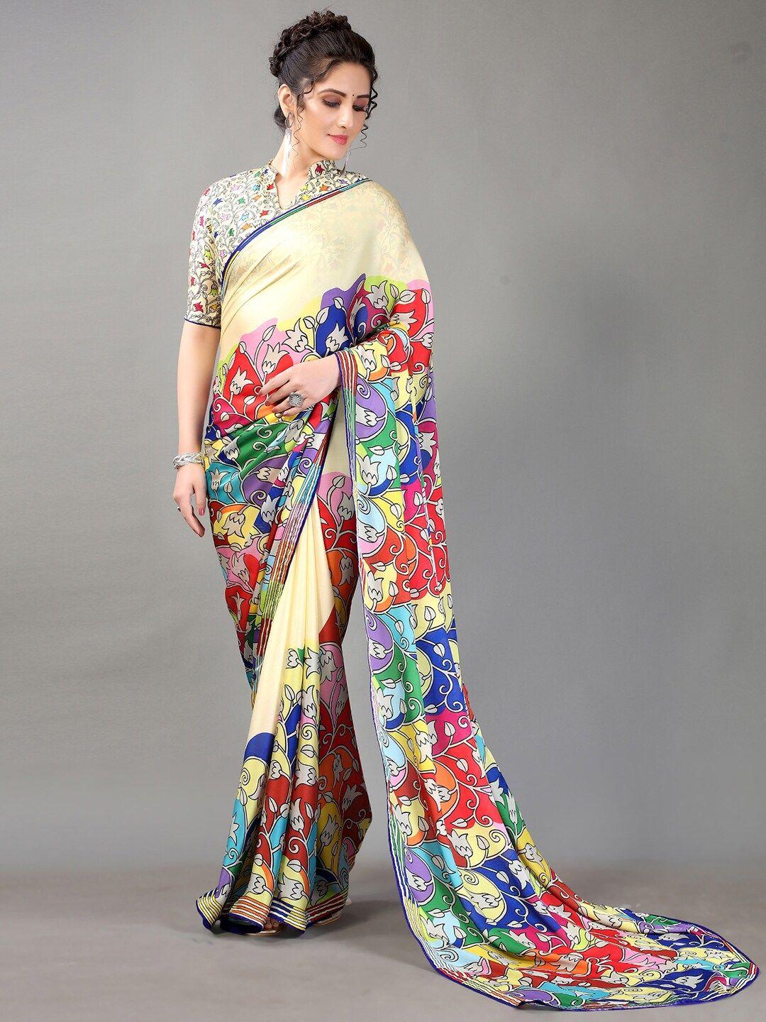 hritika cream-coloured & blue floral satin saree