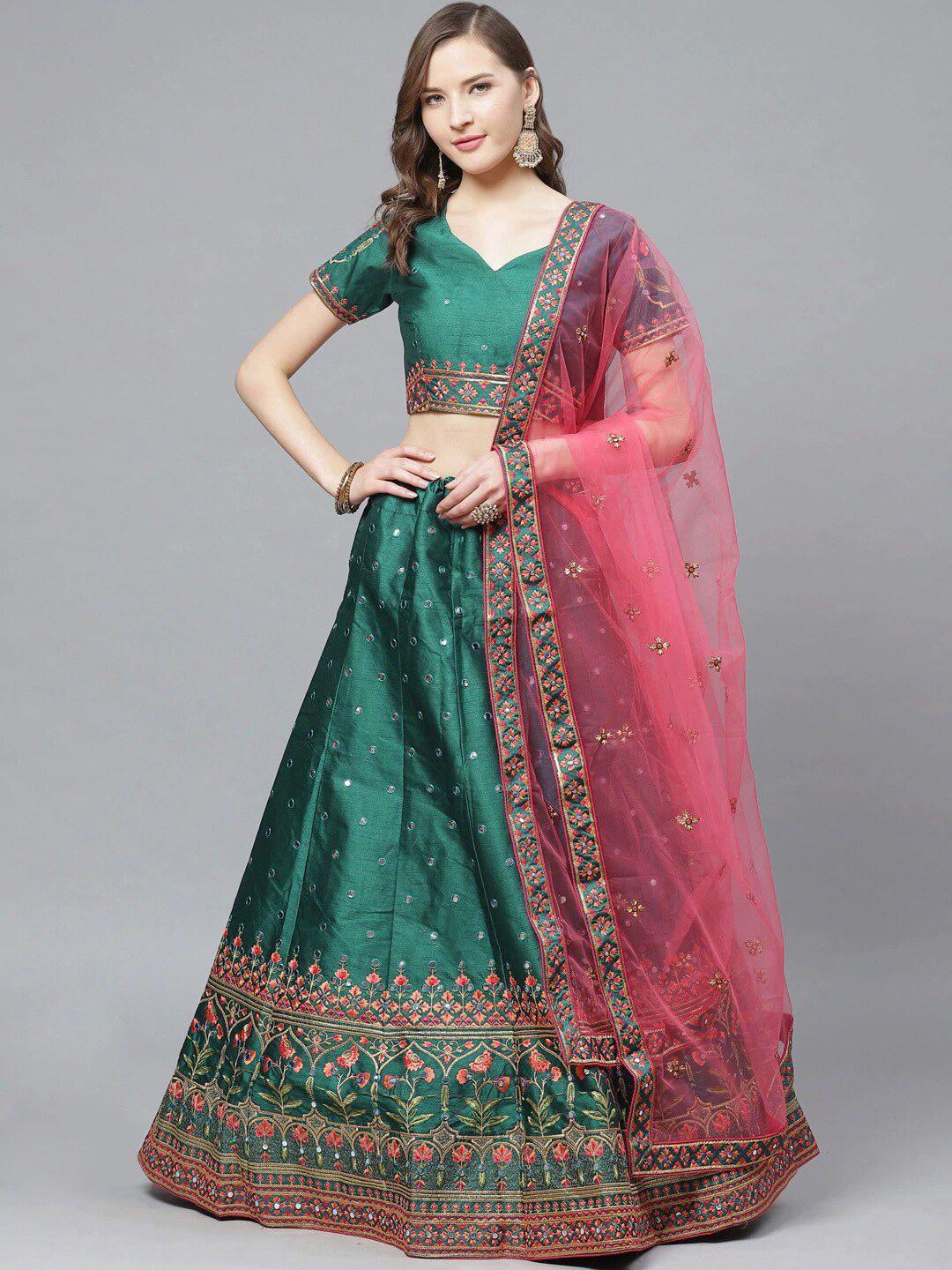 hritika embroidered thread work semi-stitched lehenga & blouse with dupatta