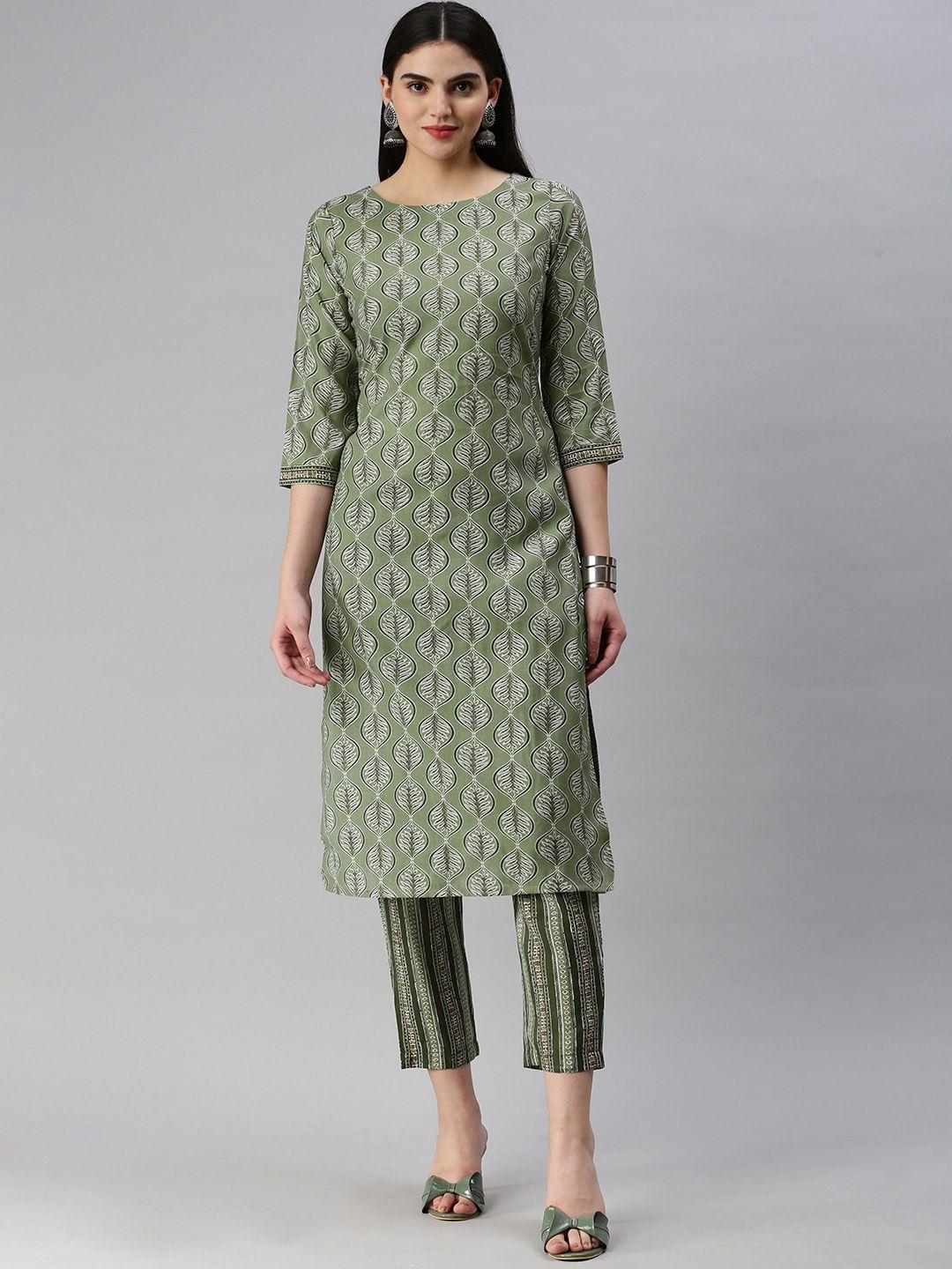 hritika ethnic motifs printed regular chanderi cotton kurta with trousers