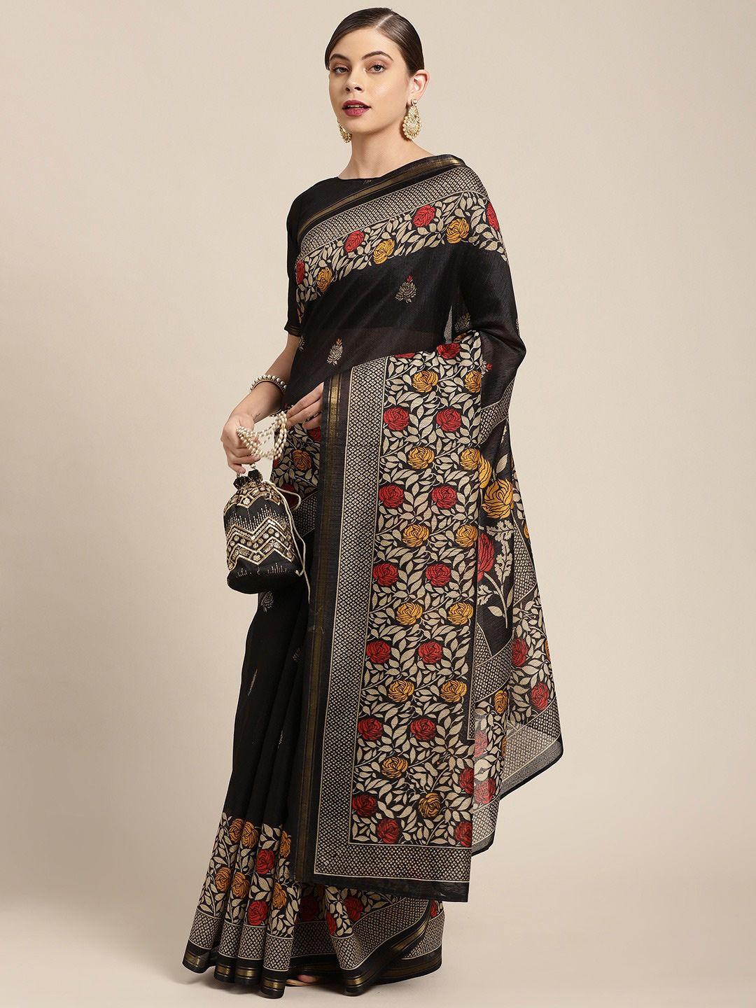 hritika floral block print art silk sarees