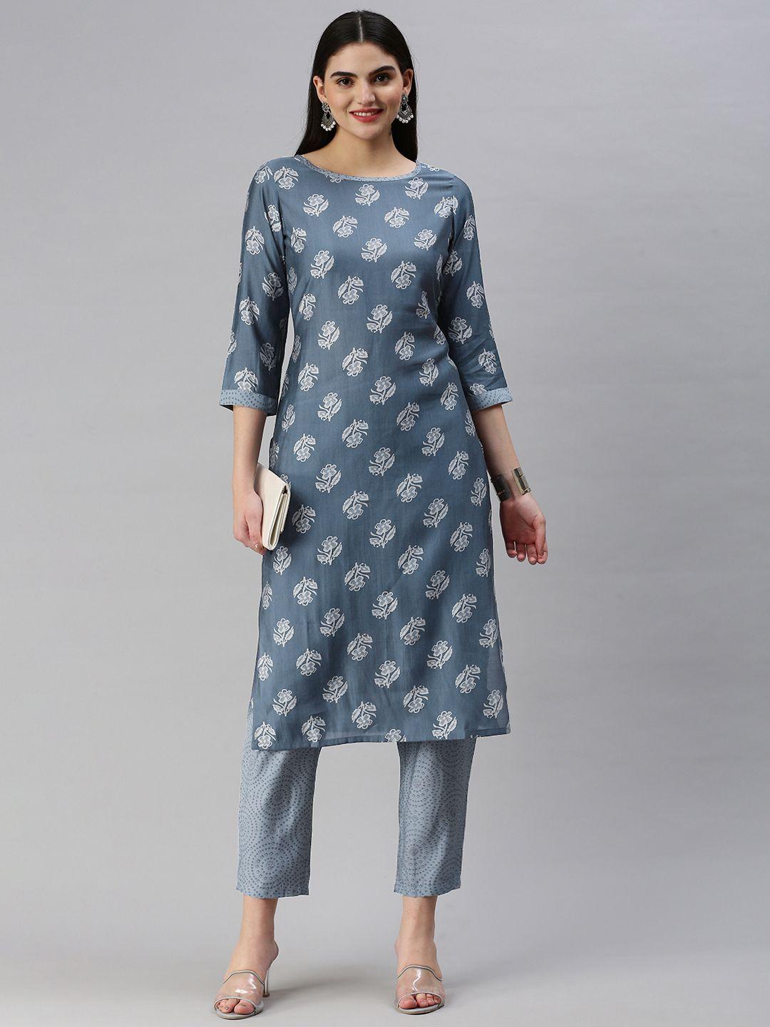 hritika floral printed regular chanderi cotton kurta with trousers