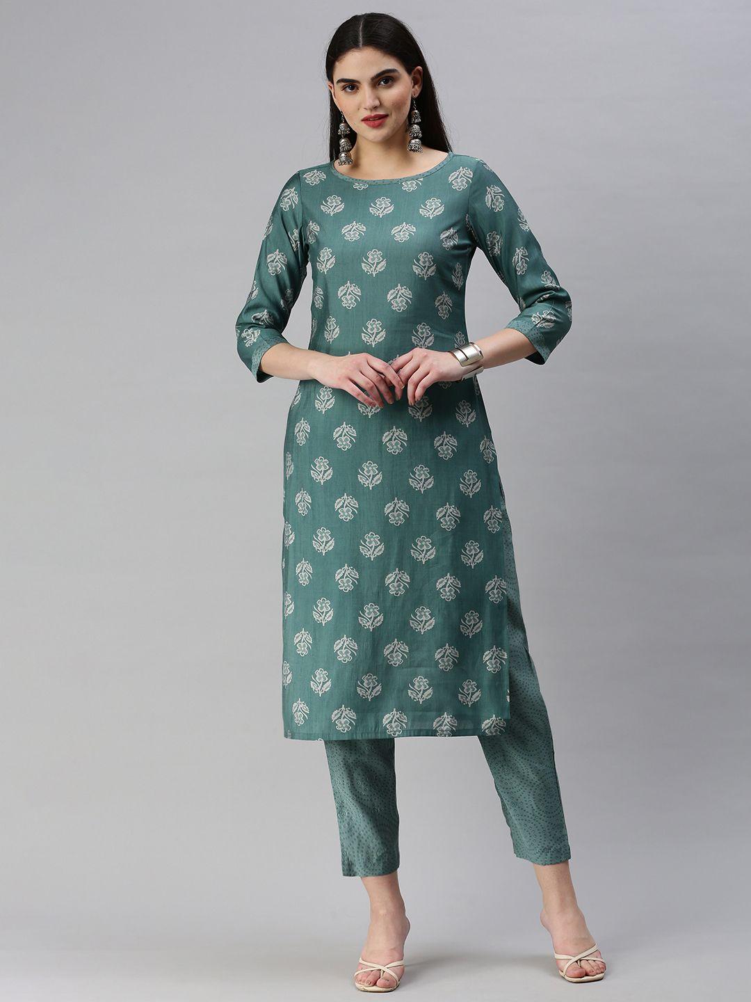 hritika floral printed regular chanderi cotton kurta with trousers