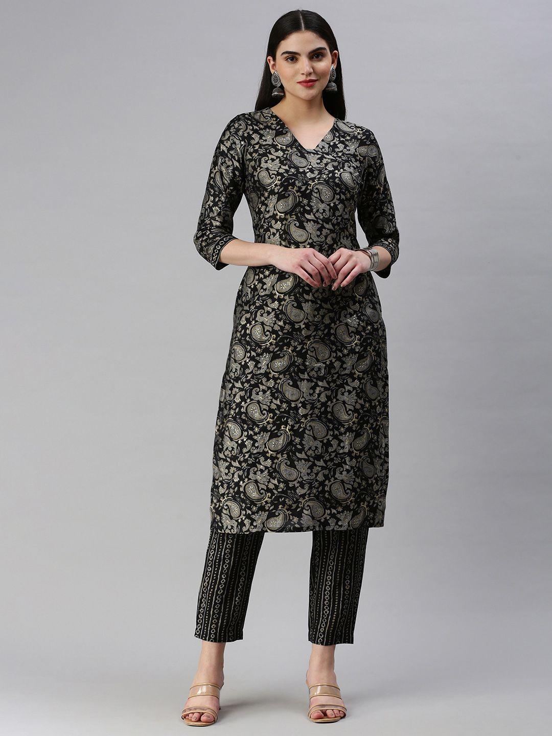 hritika floral printed regular chanderi cotton kurta with trousers