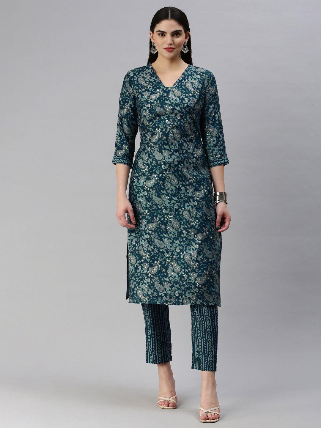 hritika floral printed regular chanderi cotton kurta with trousers