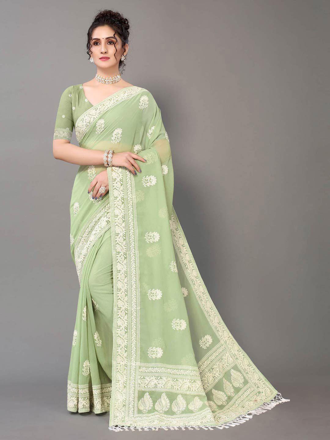 hritika green & white floral chikankari pure georgette saree