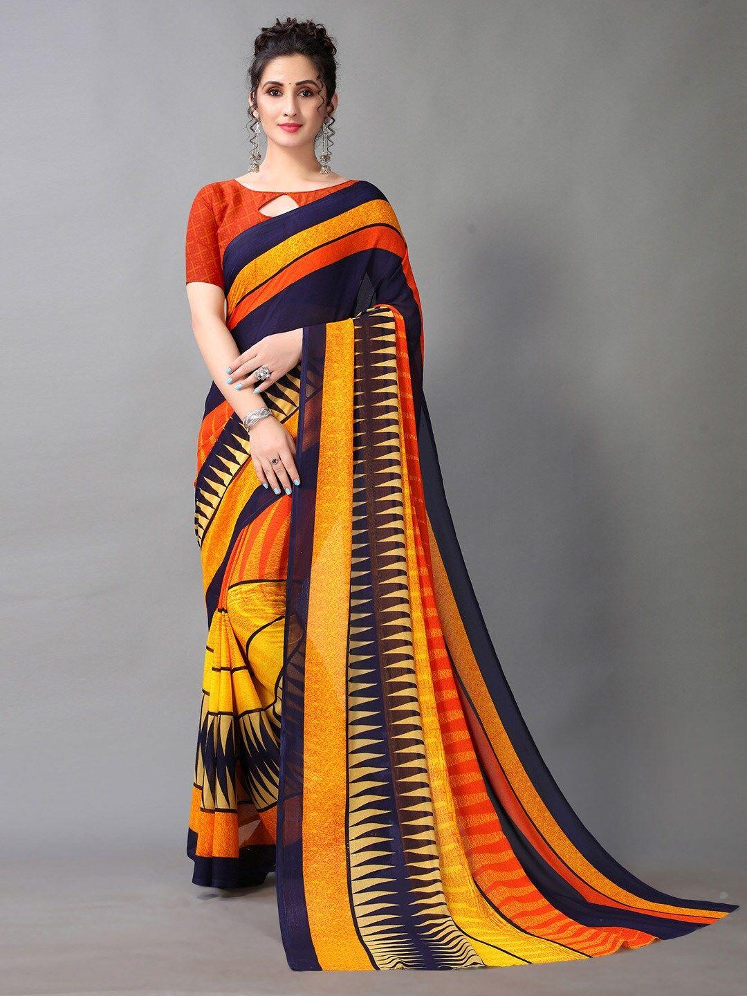 hritika mustard & navy blue georgette abstract printed saree