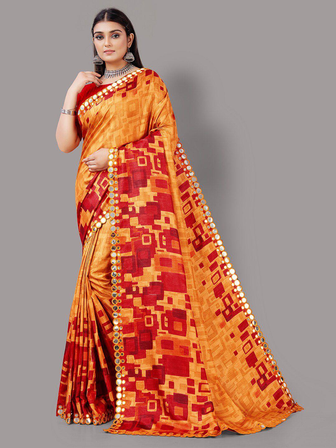 hritika mustard & red mirror work mysore silk saree