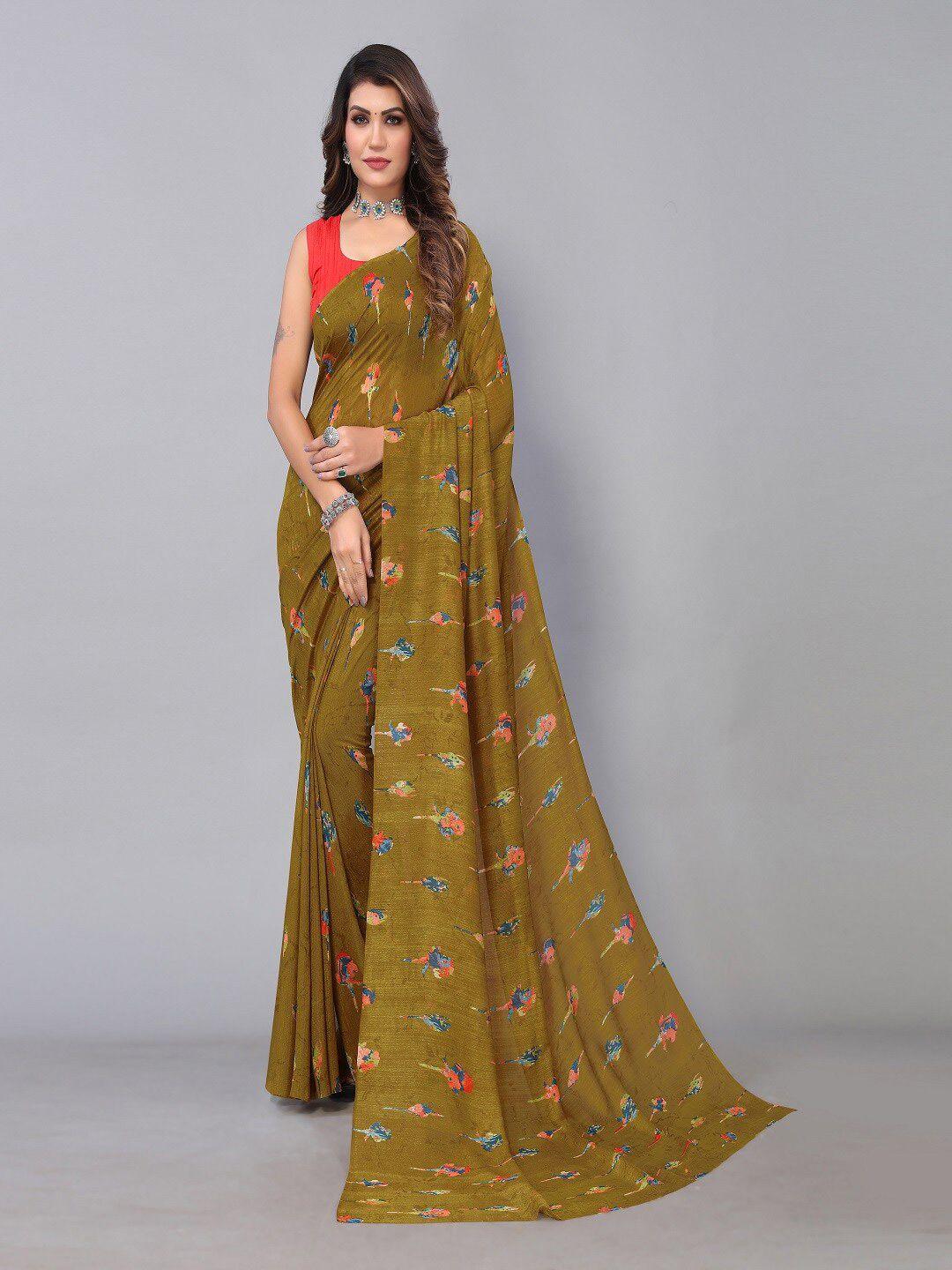 hritika olive green & red floral pure georgette saree