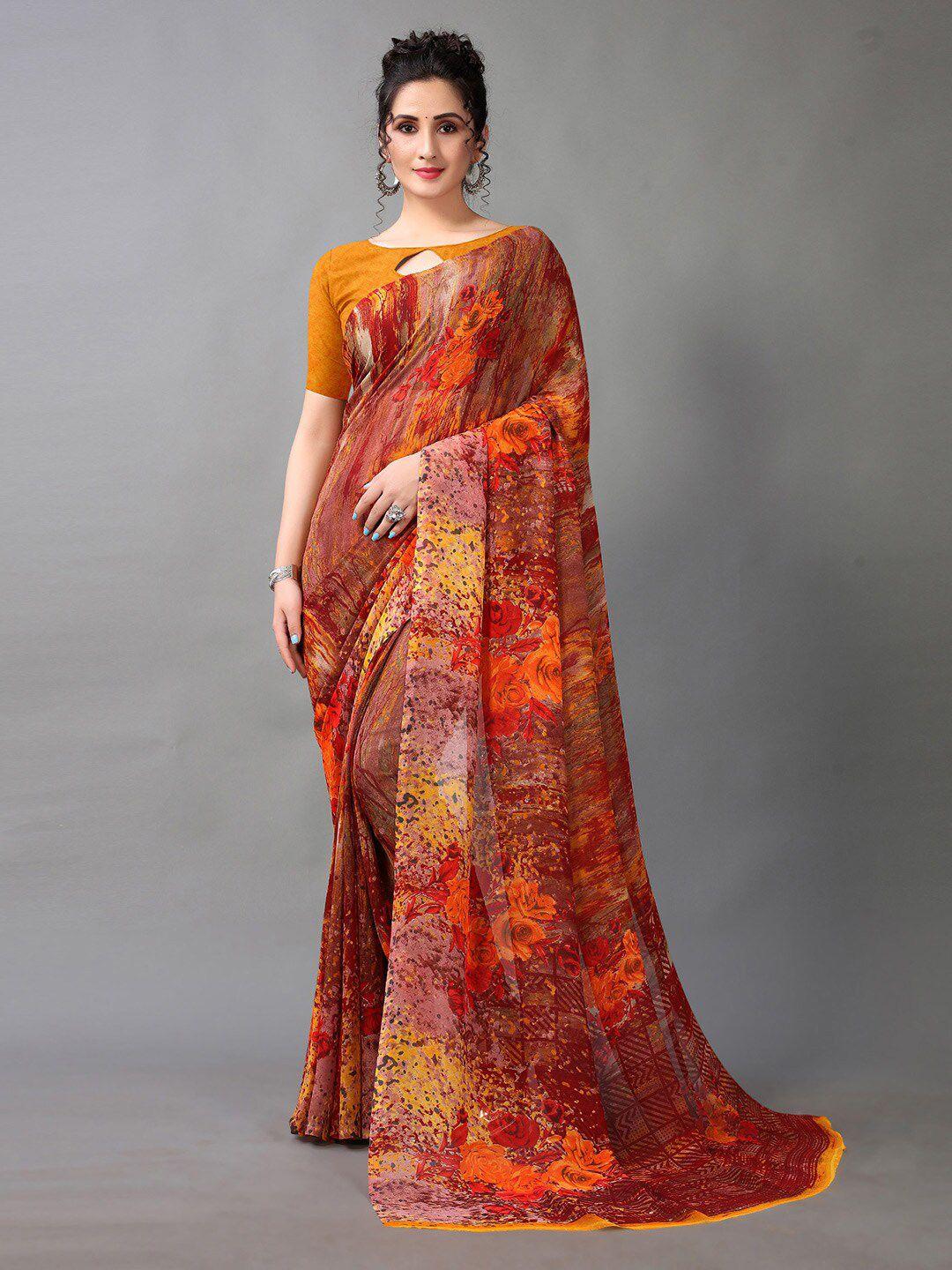 hritika orange & maroon floral printed saree