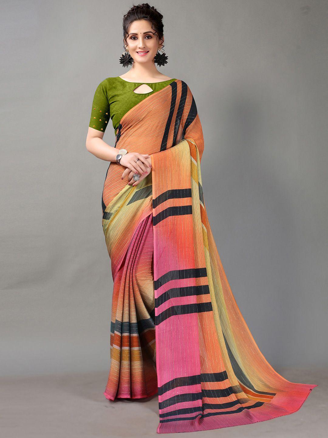 hritika orange & pink striped saree