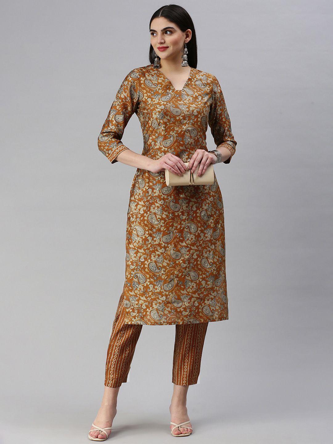 hritika paisley printed regular chanderi cotton kurta with trousers