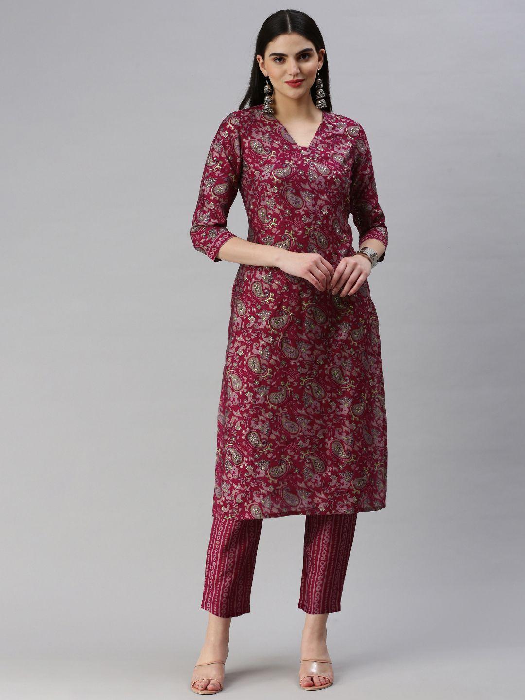 hritika paisley printed regular chanderi cotton kurta with trousers