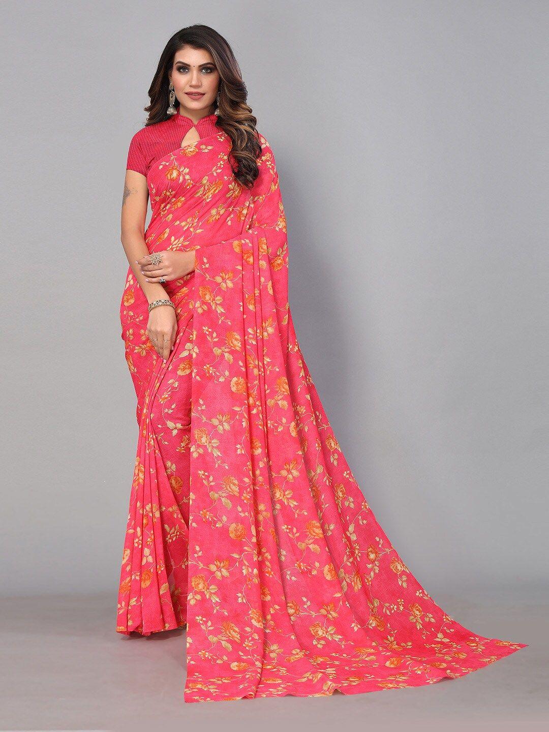 hritika pink & orange floral pure georgette saree