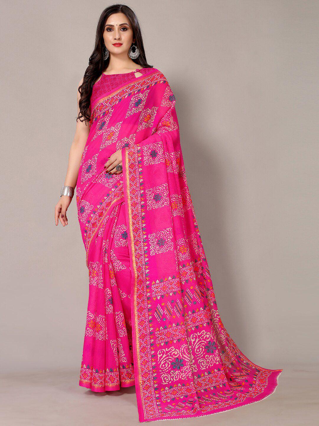 hritika pink & white zari cotton blend block print saree