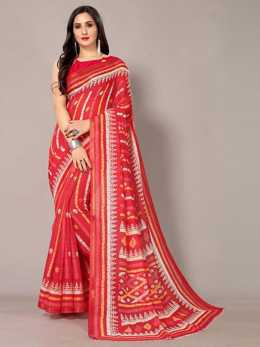 hritika red & gold-toned block printed zari saree