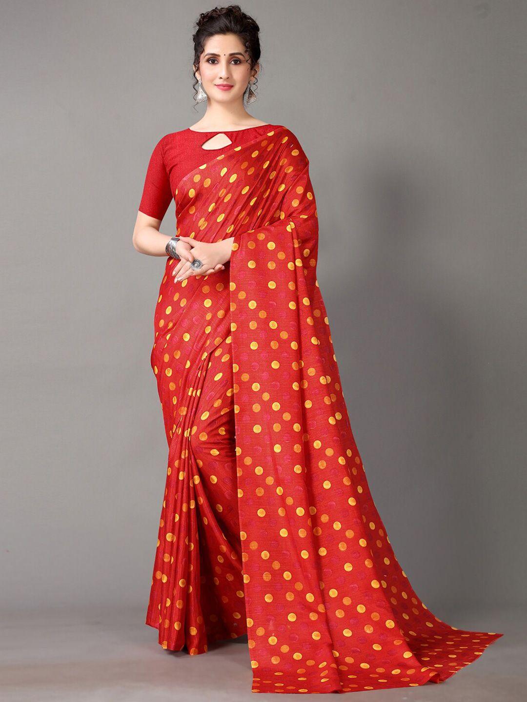 hritika red & gold-toned printed silk blend saree