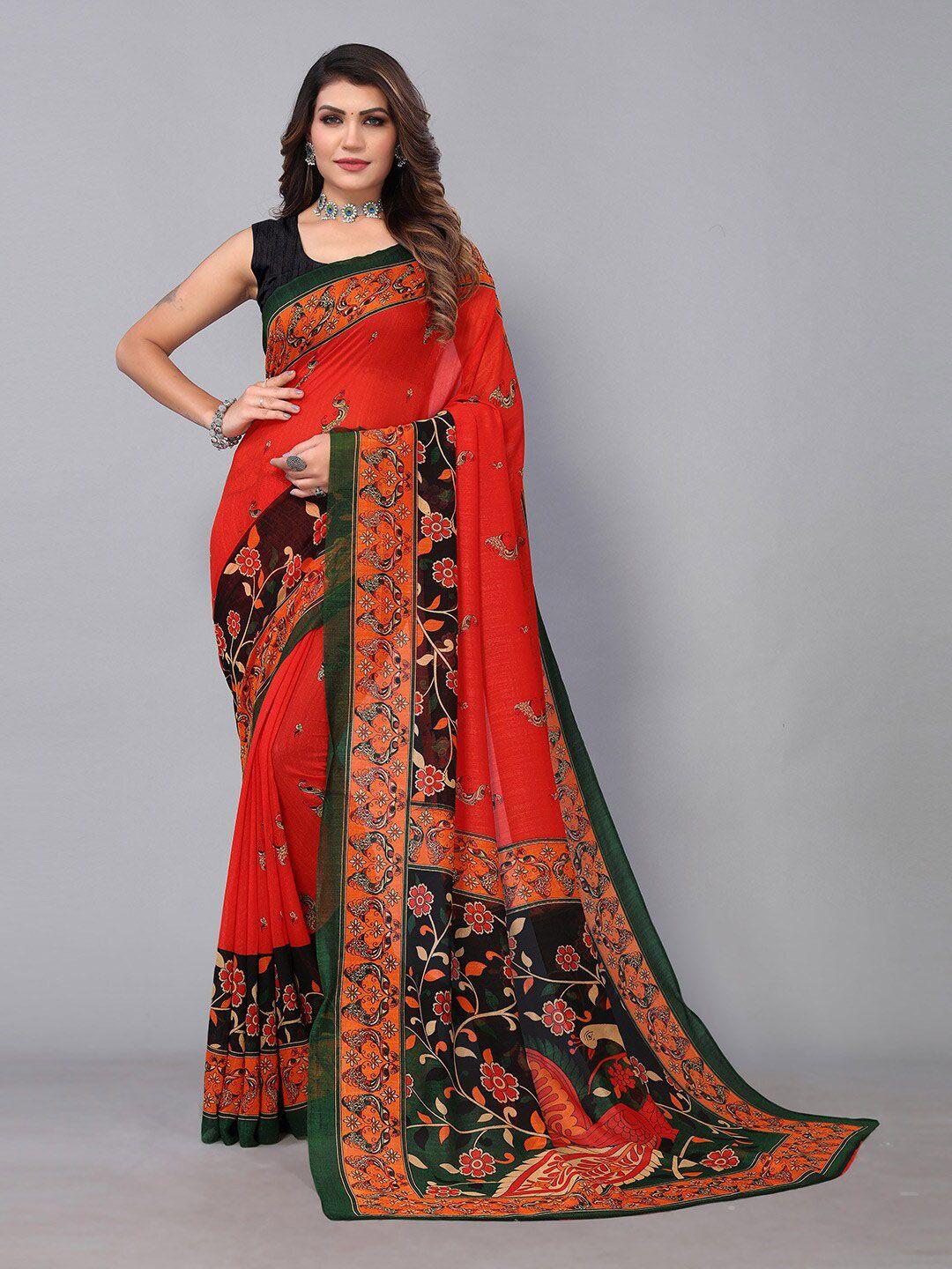 hritika red & green floral pure georgette saree