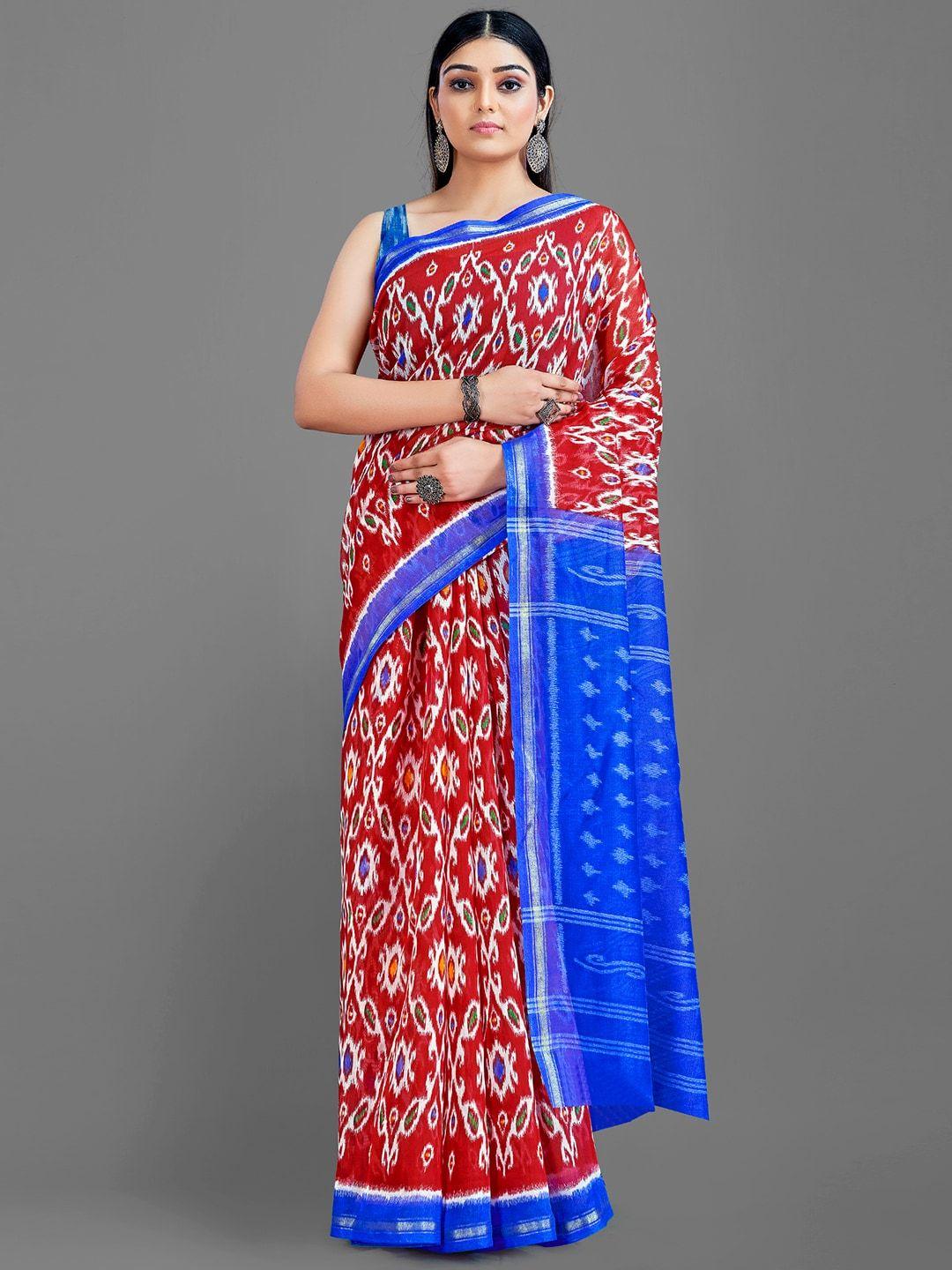 hritika red and blue ethnic geometric printed ikat saree