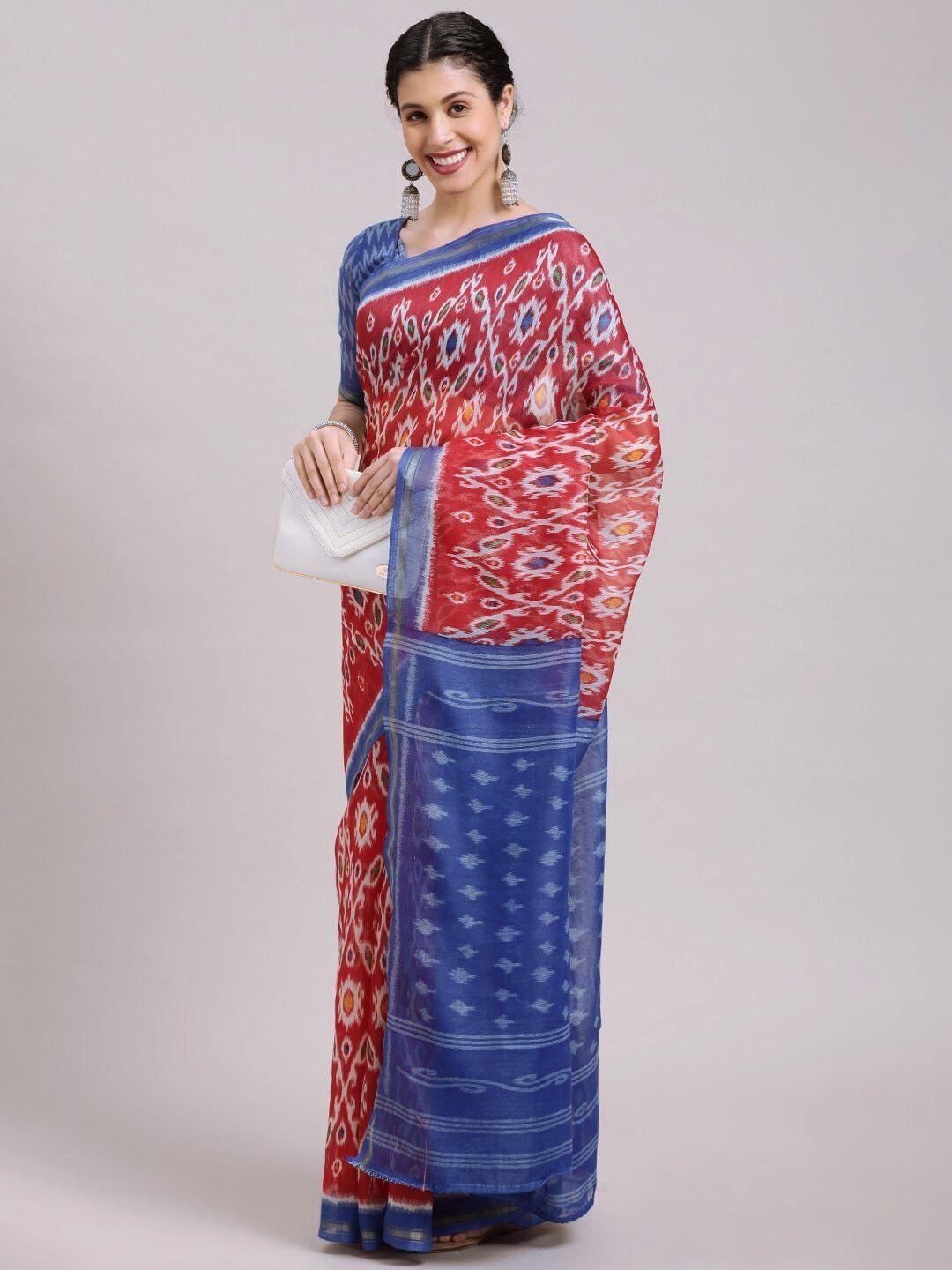 hritika red and blue ethnic motifs printed ikat sarees
