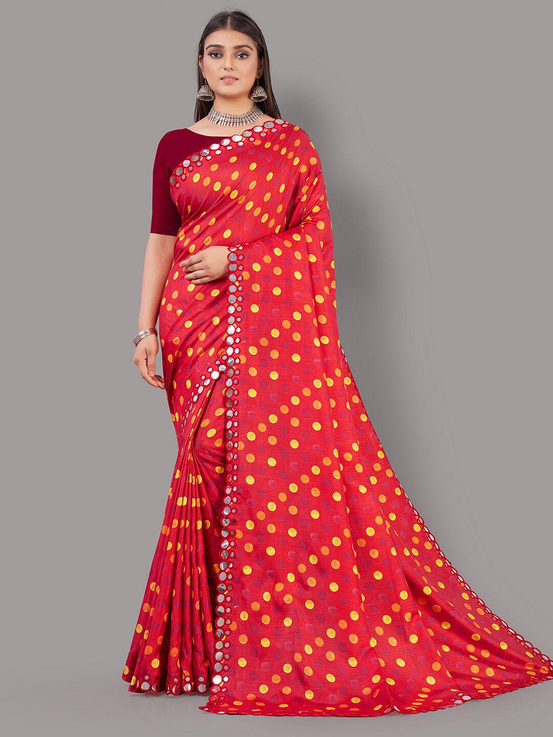 hritika red and yellow polka dot print mysore silk mirror embellished saree