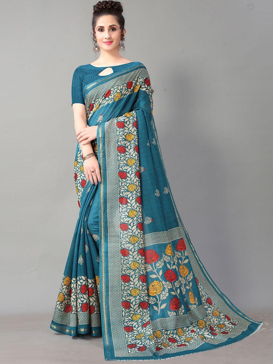 hritika teal blue and red ethnic block printed art silk saree