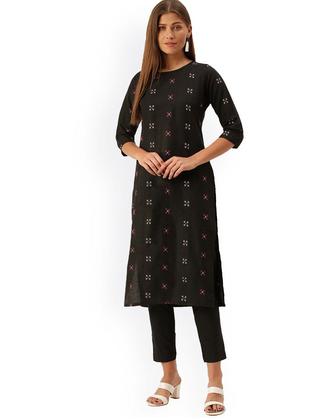 hritika women black printed pure cotton kurta with trousers