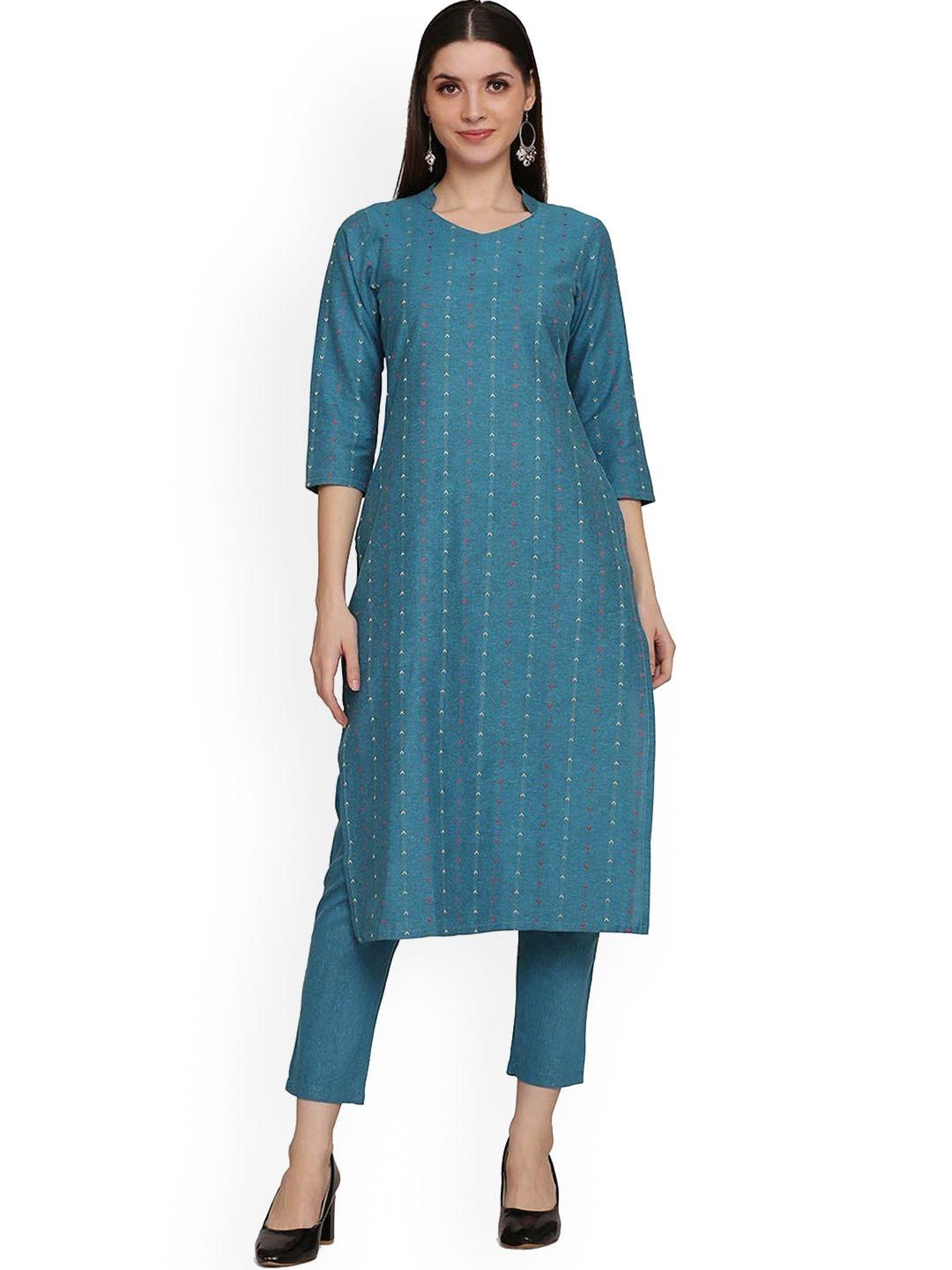 hritika women blue striped pure cotton kurti with trousers