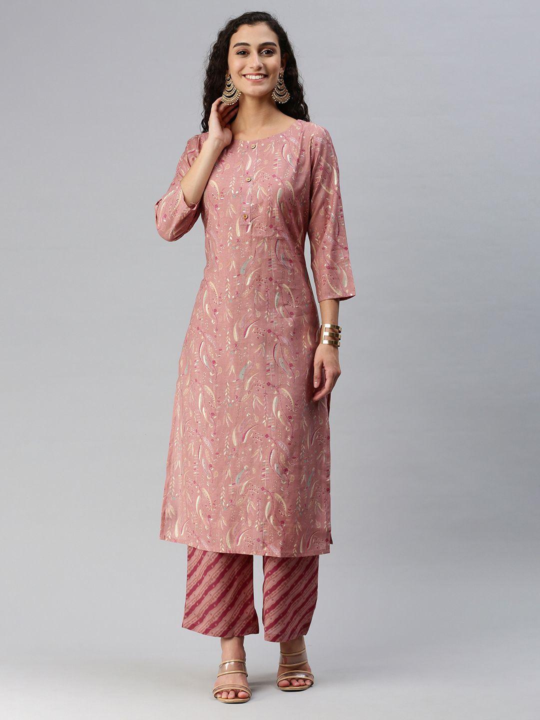 hritika women floral printed regular chanderi cotton kurta with trousers