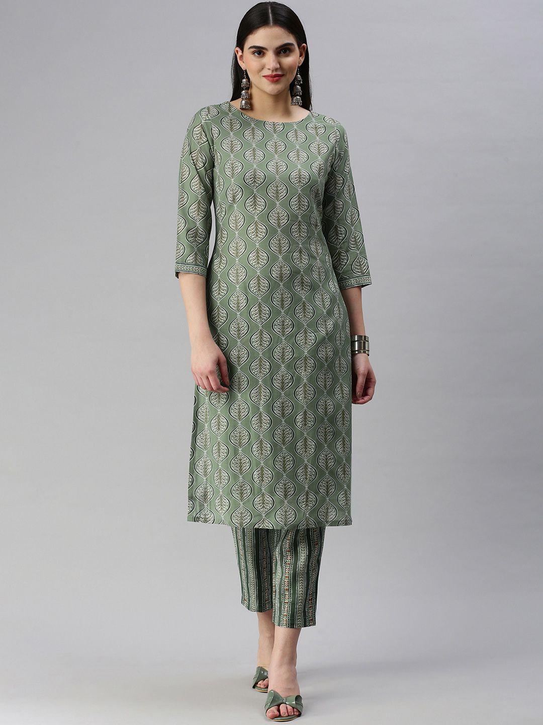 hritika women green ethnic motifs printed regular chanderi cotton kurta with trousers