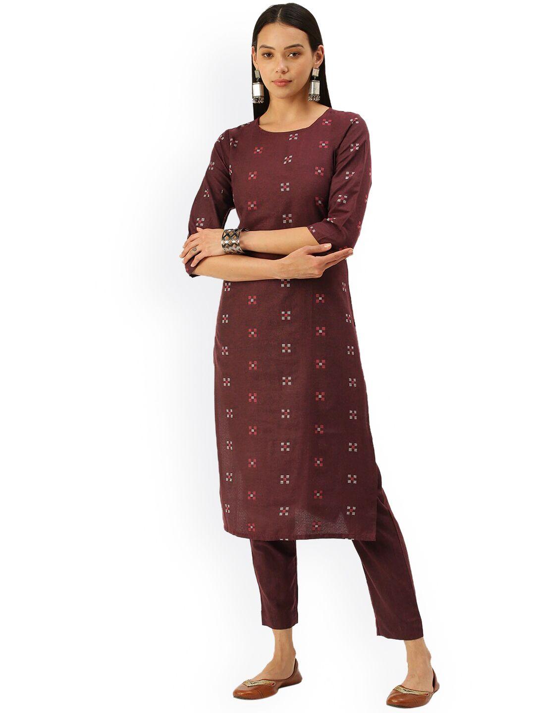 hritika women maroon printed pure cotton kurta with trousers