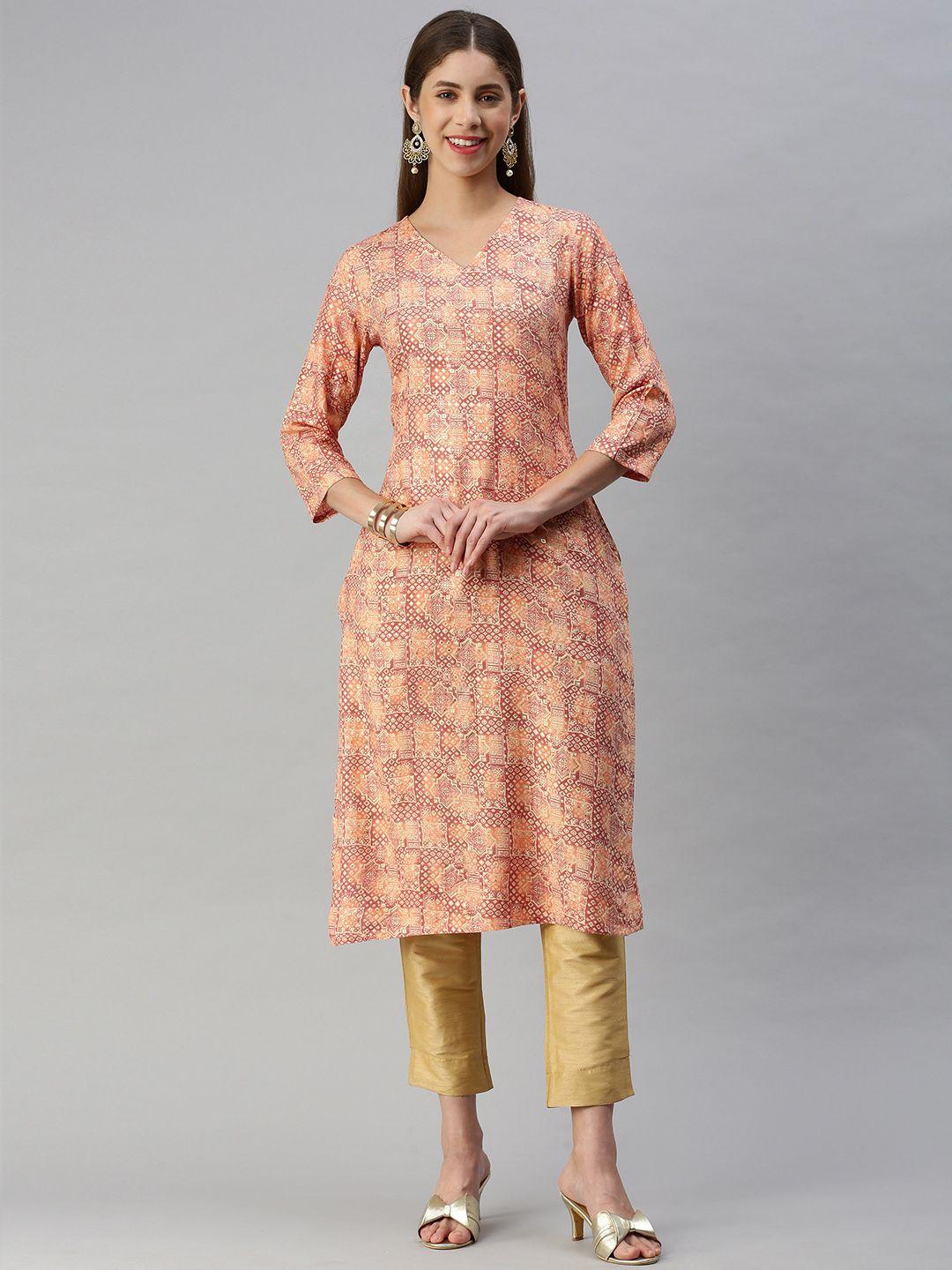 hritika women peach-coloured ethnic motifs printed kurta