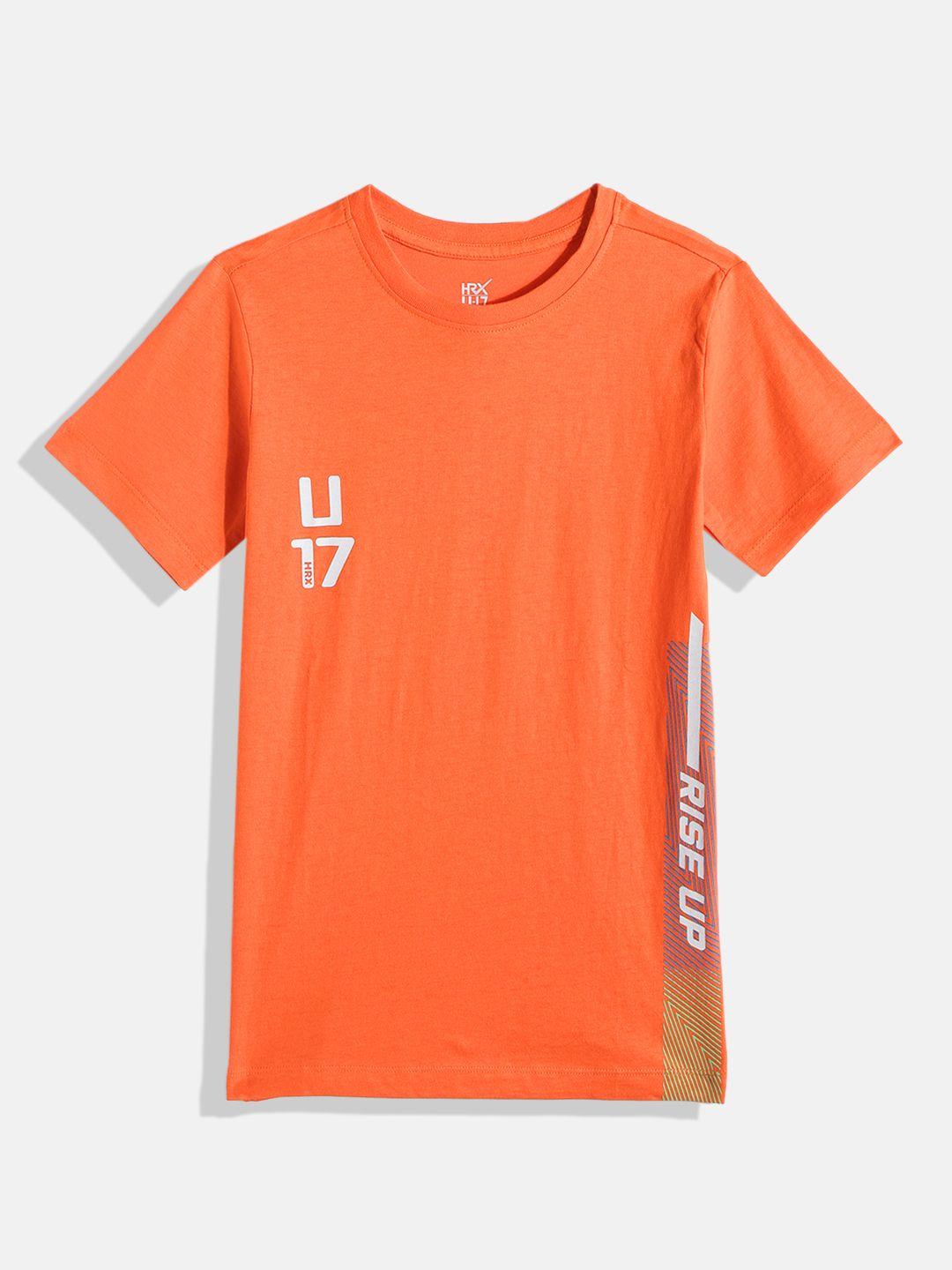 hrx by hrithik roshan boys orange typography printed pure cotton t-shirt