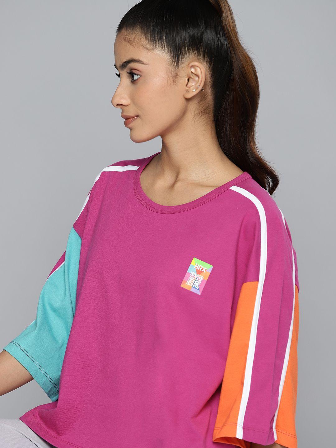 hrx by hrithik roshan colourblocked drop-shoulder sleeves pure cotton boxy t-shirt