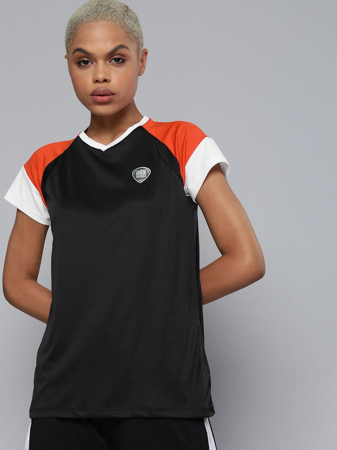 hrx by hrithik roshan football women jet black rapid-dry brand carrier t-shirt
