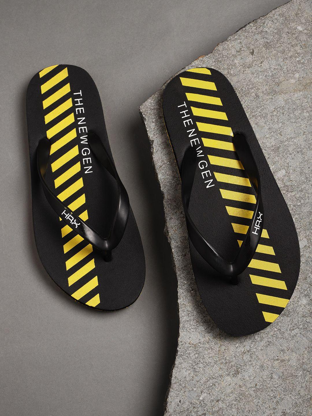hrx by hrithik roshan men black & yellow striped thong flip-flops