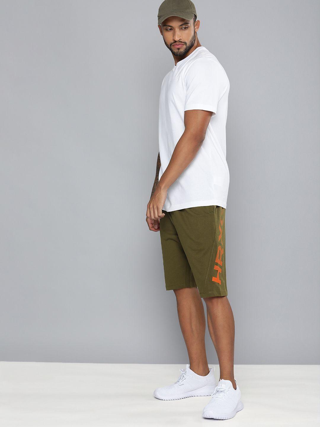 hrx by hrithik roshan men olive green & orange pure cotton typography printed shorts