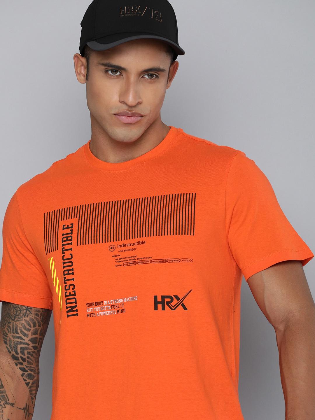 hrx by hrithik roshan men orange printed pure cotton t-shirt