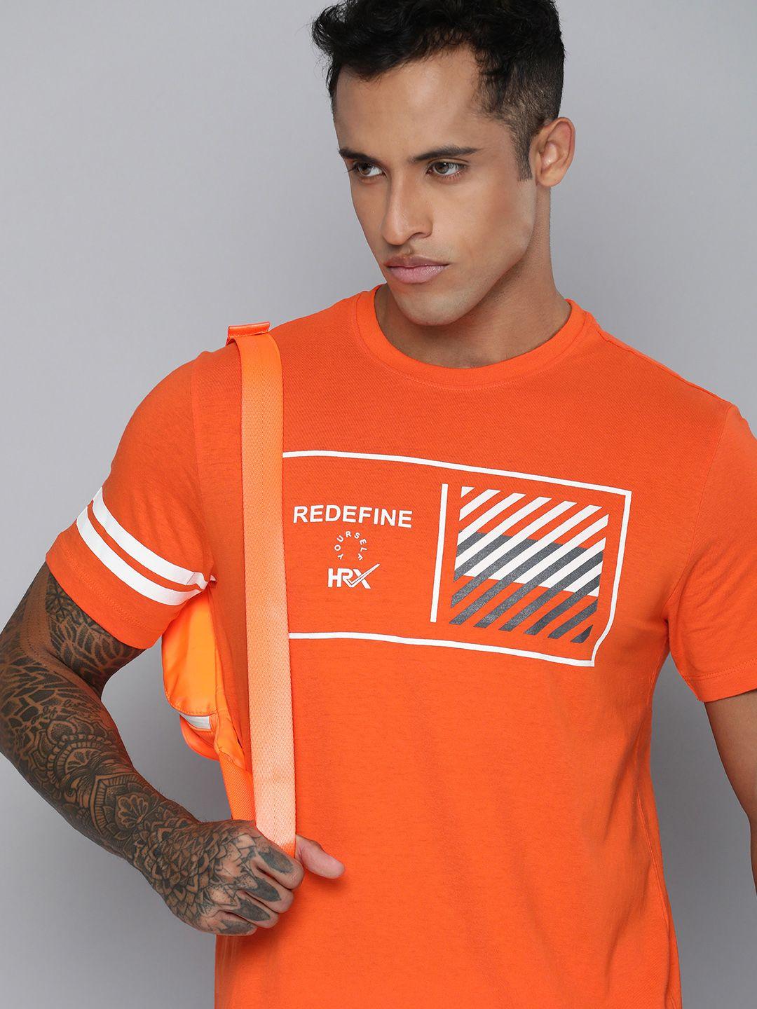 hrx by hrithik roshan men orange printed pure cotton t-shirt
