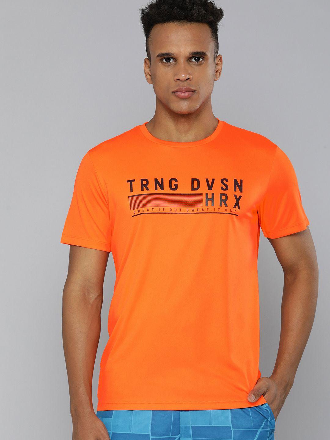 hrx by hrithik roshan men orange rapid-dry typography printed training t-shirt